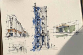 draw architectural sketches of buildings with watercolor