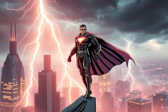 create cinematic superhero character artwork with epic lighting and action scen