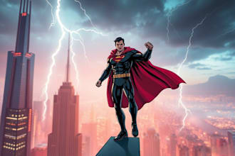 create epic superhero scenes over futuristic cities with lightning and cinematic