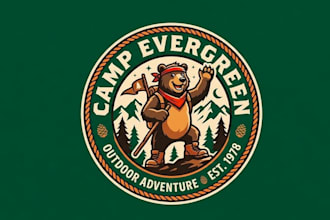 draw high quality outdoor camp mascot logo with t shirt design