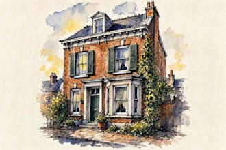 create a custom pen and watercolor house or building
