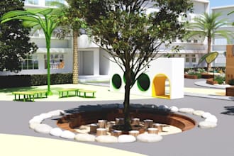 refine3d rendering kids space courtyard,kids playground exterior,3d space layout