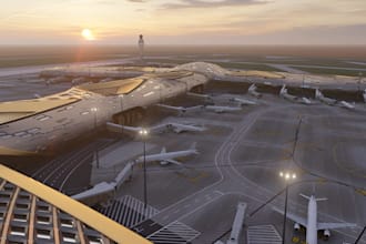 do 3d airport design, airport concept, elevation, airport terminal,airplane park