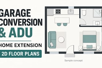 design garage conversion adu and home extension 2d floor plan layouts