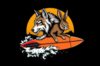 make a wild animal tattoo surf logo with wolf and rabbit