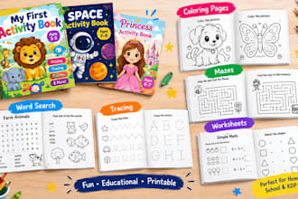 design engaging kids activity books, worksheets and printable activities