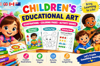 create education children illustration, coloring page and custom songwriting