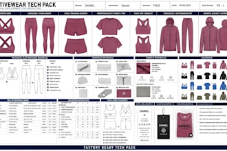 create leggings sports bra activewear tech pack flatsketch cad for manufacturing