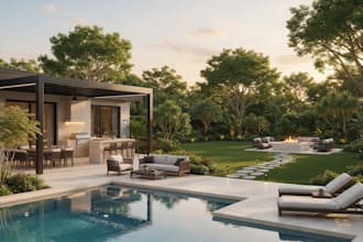 create backyard landscape garden patio pool design and 3d rendering