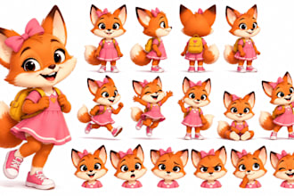 design childrens book character turnaround, pose and expression sheets