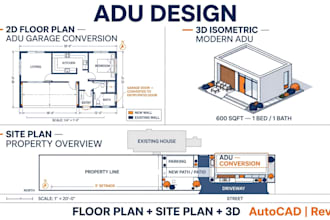 draft adu garage conversion floor plan site plan in autocad and revit