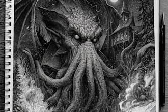 create fantasy character concept art in black and white