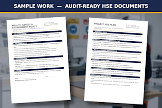 develop hse plan, safety policy, manual and iso 45001 documents