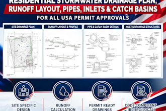 design stormwater drainage plan, runoff layout, pipes, inlets and catch basins
