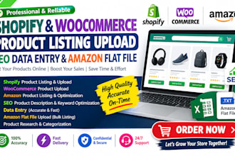 do shopify woocommerce product listing upload SEO data entry amazon flat file