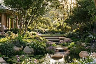 create realistic garden pond water feature and landscape visualization