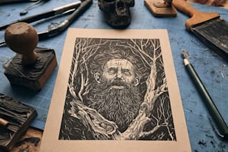 draw detailed linocut illustration