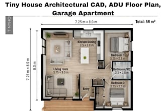 residential tiny house drawing, floor plan adu, garage architectural cad drawing