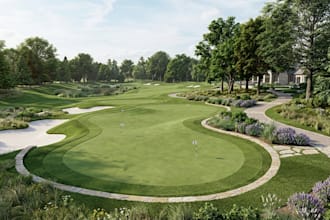 design realistic 3d golf course, golf resort, putting green and landscape park