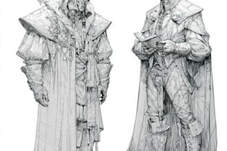 draw a unique fantasy sketch with detailed characters