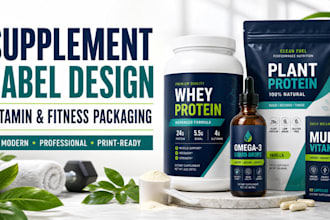 design health and fitness supplement labels, vitamin labels with packaging