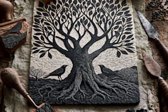 design bold linocut and woodcut style art work