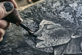 draw detailed dark art with woodcut or linocut style