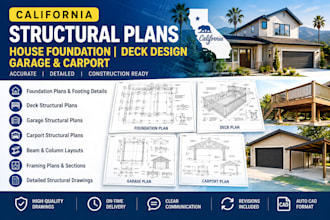 do california house foundation plan, deck design, garage carport structural plan