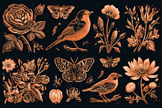 illustrate botanical and animal linocut vector illustration