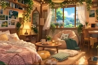 draw anime vtuber background interior, illustration art assets and accessories