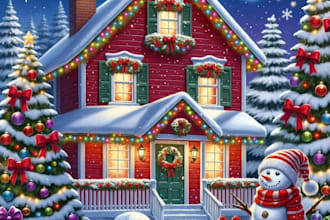 illustrate a magical christmas village snowy winter scene