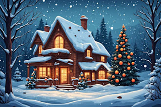 create cozy winter cabin illustrations in my style