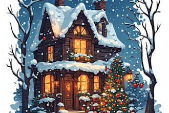 illustrate a charming snowy cottage and magical christmas scenery