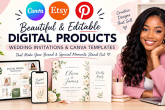 design etsy digital products, etsy wedding invitation and canva template mockup