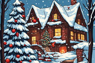 design a magical christmas winter house illustration
