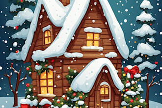 illustrate a cozy snowy christmas house scene
