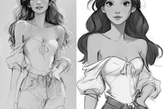 sketch, outline and color cartoon illustrations