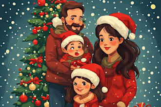draw family christmas card illustration