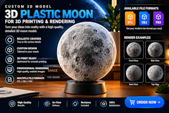 design a detailed 3d plastic moon for printing and rendering