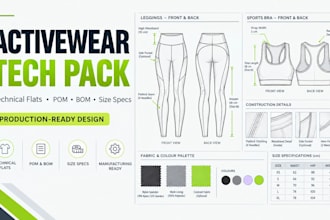 create activewear tech pack, sportswear tech pack and technical drawings