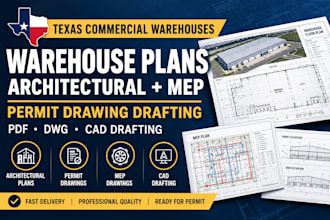 draft texas commercial warehouse architectural plans, permit drawings mep plans