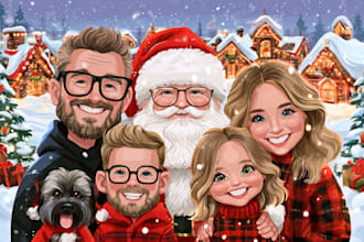 create a christmas caricature, holiday card, winter cartoon