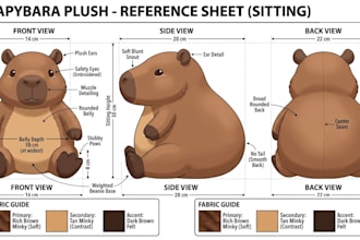 design a custom plush plushie reference sheet, toy design  and stuffed animal