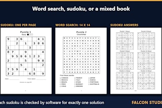 create a large print KDP puzzle book interior, answer key and cover