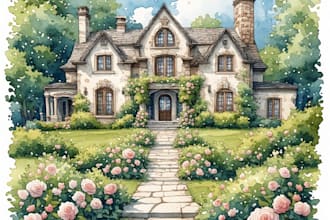 draw watercolor wedding venue, house, landscape