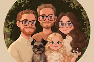 draw a custom disney style cartoon portrait for couples or families