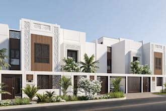 develop 3d modern residential complex, retal urban exterior,flat roofs rendering