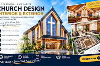 3d church interior exterior floor plans and rendering