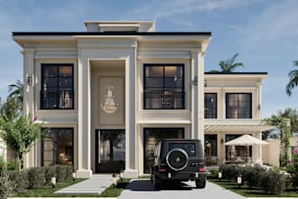 rebuild classic building exterior,3d villa design, facade elevation,landscaping