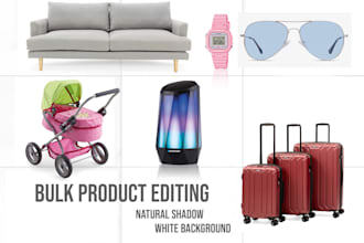 do bulk product image editing, white background with natural shadow
